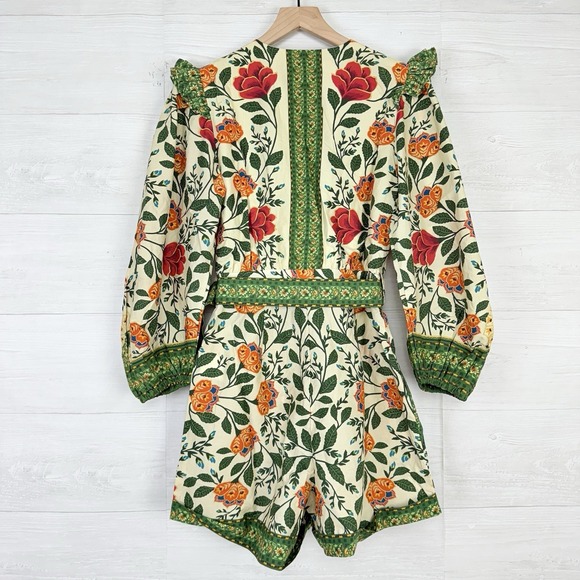Farm‎ Rio Sand Garden Tapestry Romper XS Floral Green Puff Sleeve Cottage Whimsy - Picture 10 of 16